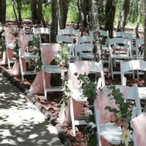 Garden ceremony aisle with white chairs dressed in pink fabric, roses and greenery
