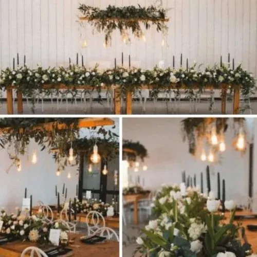 Collage of a wedding head table with white flowers, greenery and a hanging floral installation