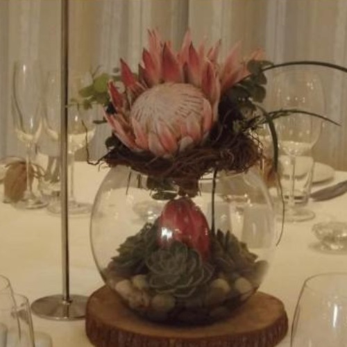 Protea and succulent terrarium centrepieces on a reception table